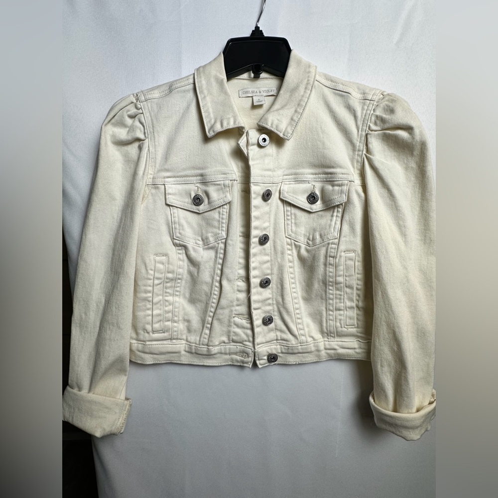 Chelsea & Violet Cream Cropped Denim Jacket Puff Sleeve Size Small